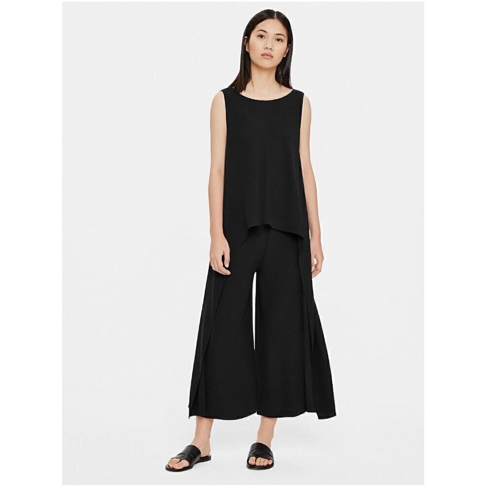 New Eileen Fisher Drape Front Jumpsuit Womens XS Black Silk Georgette Crepe